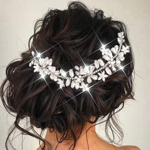 Evlry Braut Hochzeit Kristall Haar Rebe Blume Kopfschmuck Silber Strass Haarband Braut Haarschmuck für Frauen und Mädchen