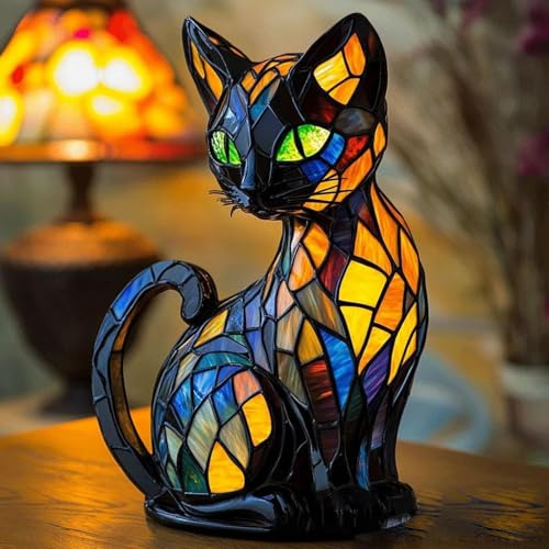 Stained Glass Lamp, Cat Table Lamp,Colorful Vintage Bedroom Living Room Home Decor (Cat B)