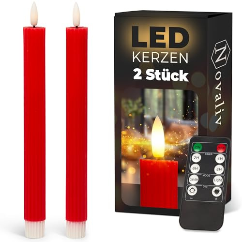Stabkerzen LED mit Timer ROT 2er indoor mit 6 Stunden Timer - ECHTWACHS gerippt 23cm Höhe für Kerzen 2,2cm Durchmesser 2 AAA Batterien notwendig LED Stabkerzen flackernde Flamme bewegliche Flamme