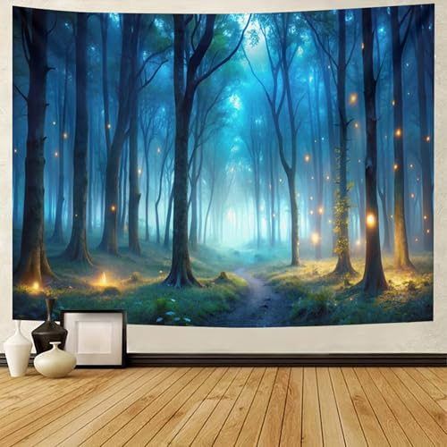 BCughia Wandteppich Natur 150x130cm, Wandteppich Blau Wald Landschaft Wandbehang Zauberwald Wandtuch Klein Querformat für Heimdeko Innen und Außen