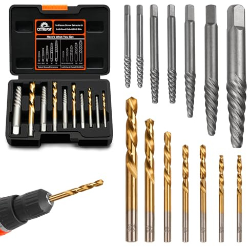 Coobeast Gifts for Men, Damaged Screw Extractor Set Left Hand Drill Bits for Easy Out Removing Broken Bolt Kit, Valentines Day Gifts for Him Men Adults（14pieces