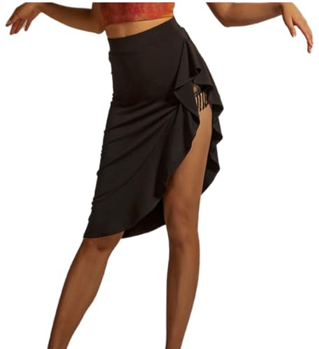 ZYMOZYM Fringe Asymmetrical Long Black Skirt High Low Salsa Latin Dance Skirt for Women Dance Costume