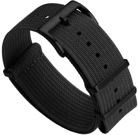 WatchGecko Ridge Cinturino Per Orologio In Nylon Militare. Cinturino Di Ricambio Per Orologi Da Polso Robusto, Ad Asciugatura Rapida E Sicuro Per Attività All'aperto. 20mm, Nero E Fibbia Nera PVD
