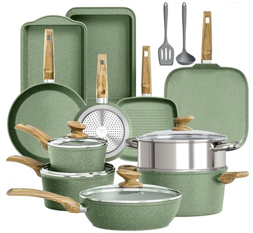 DishDelight Induktions-Kochgeschirr-Set mit Grillplatte 17-teiliges Induktions Töpfe Set Topf und Pfannenset mit Deckel Granit Antihaftbeshichtung Topfset Kochtopf
