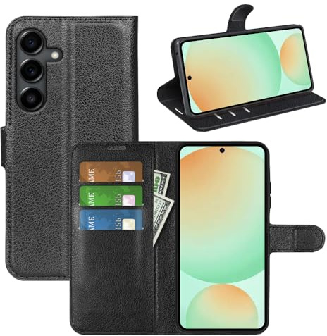 BOCTECH Fodral för Samsung Galaxy S25 FE, mobiltelefonfodral PU-läder vikbart skyddande fodral med stativ, kortfack, magnetspänne stötsäkert flip-fodral väska, svart