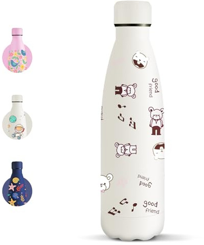Motswedi Trinkflasche, 500 ml BPA-frei, Trinkflasche Edelstahl, 18/8 Edelstahl, Isolierflasche, Doppelwandig Vakuumisoliert, Niedlich Bedruckte Wasserflasche für Schule, Reisen - Weißer Bär