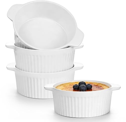 Aleker White Ceramic Ramekins with Handles Set of 4, 300ml Porcelain Souffle Dish Creme Brulee Ramekins, Small Bowl for Soufflé, Creme Brulee, Custards, Ice Cream, Jams, Cereal Oven Dishwasher Safe