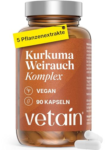 VETAIN Weihrauch Kurkuma Ingwer Kapseln - 5 Pflanzenextrakte: 127mg Boswelliasäure, 105mg Curcumin, Gingerol, Zimt & Piperin - hoch bioverfügbar - 90 Kapseln (1 täglich) - produziert in Deutschland
