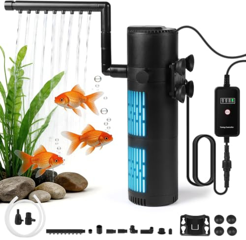 SWAWIS 5 in 1 Filtro de Acuario 1200L/H para 120-400L Acuarios | con 8W Lámpara UV Temporizador y Barra de Ducha, para Filtración, Aireación y Esterilización