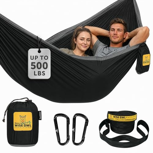 Wise Owl Outfitters Hammock for Camping Double Hammocks Gear for The Outdoors Backpacking Survival or Travel - Portable Lightweight Parachute Nylon DO Black & Grey