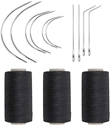 Aguja de tejer combo 3 piezas de hilo negro con 10 agujas para hacer peluca coser pelo trama extensiones de pelo (tamaño grande mediano y pequeño en forma de C aguja curvada con JI Needle)