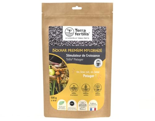 TERRA FERTILIS - Fertilisant Plantes spécial Potager - à base de Biochar Mycorhizé - Augmente la production et améliore la résistance des légumes - Réduit les besoins en arrosage et en engrais -500 g