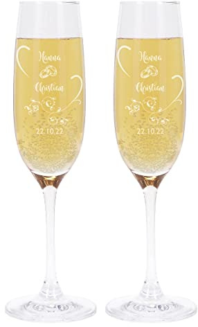 Herz & Heim® Sektgläser mit Gravur zur Hochzeit mit Wunschnamen und Datum Ornamente