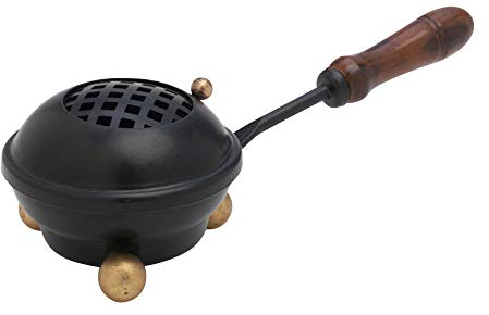Räucherpfanne aus Eisen mit HOLZGRIFF – kleines RÄUCHERPÄNNCHEN Ø 8 cm mit SIEBEINSATZ – ca. 22 cm lang – schwarz mit goldlackierten Füßen – handgefertigtes RÄUCHERZUBEHÖR von MaMeMi