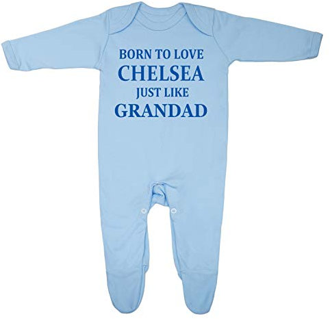 Cheekytots Chelsea Baby Sleepsuit - 'Born To Love Chelsea Just Like Grandad- Soft 100% Combed Cotton Football-Themed Baby Sleepsuit for Football Fans (6-12 Months, Blue)