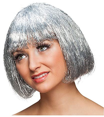 WOOOOZY NEU Perücke Damen Lametta Flitter, Pagenkopf mit Pony Glamour, Hollywood, Silber - mit Haarnetz
