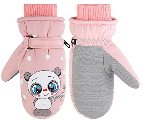 Jupsk Guantes de esquí de invierno para niños pequeños, impermeables, guantes de snowboard, antideslizantes, con forro de felpa, guantes cálidos de panda para niños de 2 a 5 años, rosa