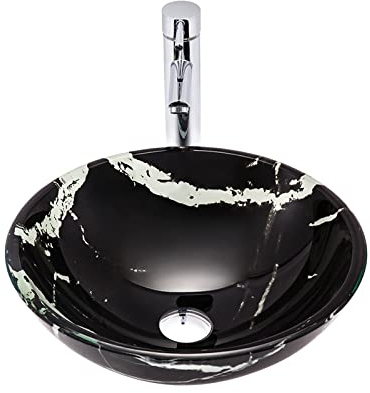 Ksunun Waschbecken Schwarz Gehärtetes Glas Aufsatzwaschbecken Modernes Design Runden Handwaschbecken mit Messing Wasserhahn und Wasserablauf, Waschschale, für Bad und Gäste WC