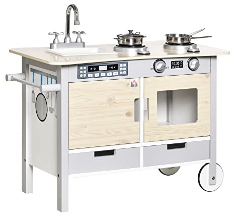 HOMCOM Cuisine desserte pour Enfant 2 en 1 Multi-équipement avec 5 Accessoires Acier INOX. MDF Aspect Bois Clair Gris