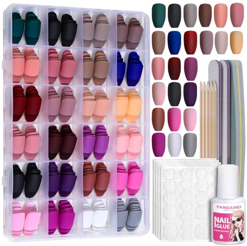 24 Packs 576PCS Matte Press on Nails Medium Length, FANDAMEI Medium Coffin Fake Nails Full Cover, Acrylic Short Ballerina False Nail tips with Nail Glue, Nail Adhesive Tabs, Nail File for Nail Art DIY