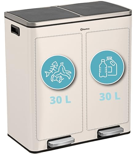 Homra Dual Kitchen Bin 60l – Double Rubbish Bins 2x30l – 2 Compartment Pedal System – Twin Section Waste&Recycling Separation – Soft Close Design – Inner Buckets with Handles - Stainless Steel