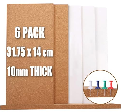 Pinnwand Kork Korkwand Korktafel, selbstklebend, 6 Stück Korkplatten, 31,75 x 14 x 1 cm, DIY Cork Board für Wanddekoration, Korktafeln, Fliesen für Zuhause, Büro, Klassenzimmer, Küche (6 Stück, De)