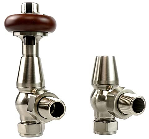 VANCOCO Traditional Angled Radiator Valves 1/2×15mm, Brass Thermostatic Radiator Valve, Cast Iron Antique Thermostat Radiator Thermostat TRV Pair with Solid Wood Handwheel (Satin Nickel)