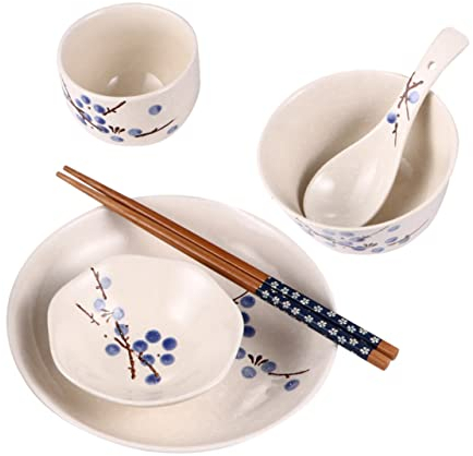 Cabilock 1set Tavola Ceramica Stile Giapponese Per Servizio Singolo Include Ciotola Piatto Tazza Cucchiaio e Bacchette Design Con Fiori Di Prugno Pratico e Sicuro Per Uso Quotidiano