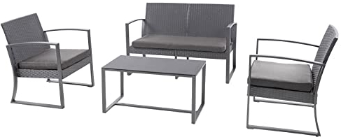 SVITA LOIS XL Poly Rattan Sitzgruppe Gartenmöbel Metall-Garnitur Balkonmöbel Tisch Sessel (Grau/Grau)