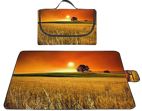 Picknickdecke 150x200cm,XXL Picknickdecke mit Wasserdichter Unterseite,Outdoor Stranddecke Sandfrei,mit Tragegriff Picnic Blanket für Camping,Strand,Familie,Konzerte Weizenfeld Sonnenuntergang