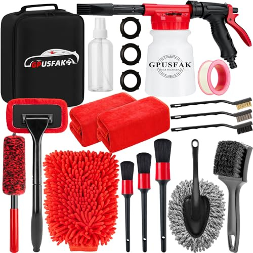 GPUSFAK 16Pcs Car Wash Cleaning Kit with Foam Gun Sprayer Detailing Brushes Windshield Cleaning Tool Rim and Tire Brush Towels Complete Interior Exterior Detailing Set for Car