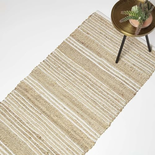 Homescapes Arlyn Jute-Läufer beige-weiß gestreift 66x200 cm, Flachgewebe-Teppich Jute & Baumwolle mit Streifen-Muster