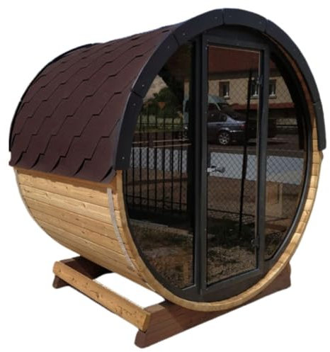 Tonneau Sauna d'extérieur en kit chaudière électrique COMPRISE, grand vitrage panoramique, bois thermo- traité, 2 à 4 personnes 1,60m x diam 1,96m / hauteur 2,15m shingle rouge