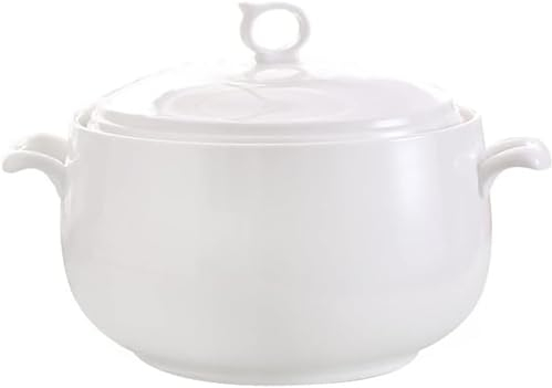 ZWESKUX Sopera de Cerámica con Tapa, Sopera de Gran Capacidad de 3 L con Asas Dobles para Cocina, Porcelana, Blanca con Adornos Dorados, Apta para Microondas y Lavavajillas,A