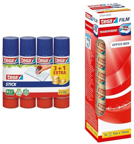tesa Stick ecoLogo - Geruchsneutraler Klebestift für Papier und Pappe & tesafilm transparent - Transparentes Klebeband mit starker Haftung - alterungsbeständig und reißfest - 10 m x 19 mm - 8er Pack