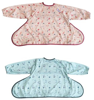 Tidy Tot®™ Cover & Catch™ 2 Pack Weaning Bib with Sleeves. Attach to Highchairs with Suction for Mess Proof Baby Feeding. 2 Waterproof Long Sleeved Bibs. Coverall BLW Bibs. Travel Bags Included.