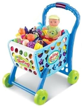 PEBBLE HUG Kids Shopping Trolley With Toy, Plastic Fruits, Vegetables, And Groceries, Sturdy and Durable, Encouraging Imaginative Role-Play, Lightweight