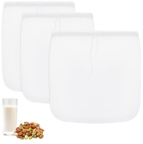 Giantree 3 Stück Nussmilchbeutel, 25×30 und 30×30 Nussmilchbeutel zum Sieben Filtertuch Filterbeutel Feinmaschiges Passiertuch Nylon Baumwolle Nussbeutel für Nussmilch Mandelmilch Haselnussmilch