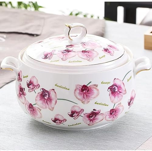Ceramic Soup Tureen with Lid Large Capacity Round Soup Crock, Cooking Pot Stockpot for Serving Salad Pasta Noodles Stew, Microwave and Dishwasher Safe, White Porcelain(A,2000ml)