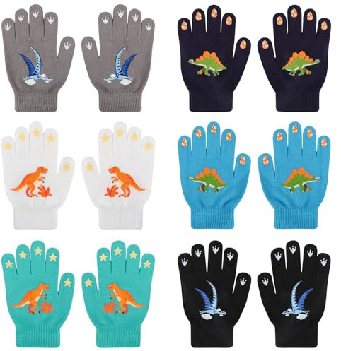 Jupsk Kinder Winterhandschuhe Fingerhandschuhe Gestrickte Warme Handschuhe für Jungen Mädchen 4-9 Jahre Alt, Dinosaurier Radhandschuhe 6 Paare