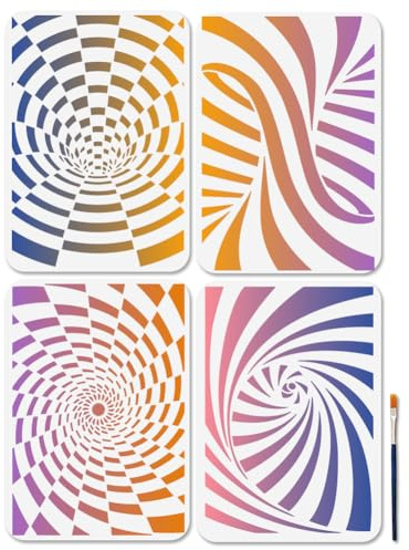 MAYJOYDIY 4Pcs 3D Background Painting Stencils Geometric Space Stencils 11.7×8.3inch with Paint Brush Reusable Art Templates for Wood Wall Window DIY Craft Home Decor