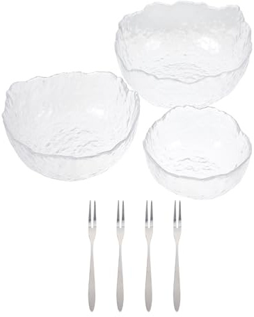 PRETYZOOM Élégant Ensemble De 3 Bols À Dessert Et Salade en Verre avec Fourchettes en Acier Inoxydable Style Martelé pour Buffet