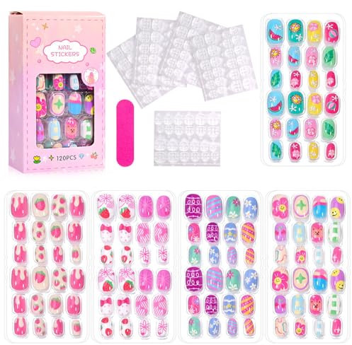 LunarCharm 120 unghie per bambini da premere su copertura completa gradiente di colore egenbogen unghie artificiali corte bel regalo per bambini ragazze nail art