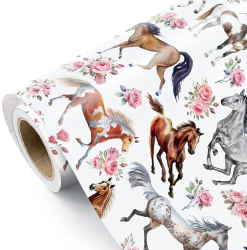 WRAPAHOLIC Geschenkpapierrolle mit Pferd, Mini-Rolle, 43,2 cm x 5,2 m, Geschenkpapier für Pferde und Blumen, für Kentucky Derby Party, Pferderennen, Geburtstag