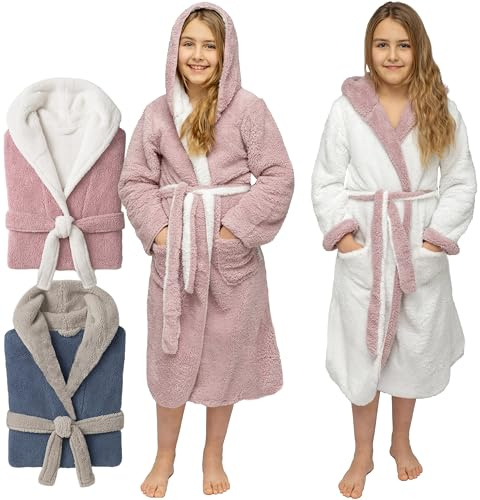 CalmyLIFE Bademantel Kinder Mädchen Jungen - mit Wendefunktion und Kapuze Teenager kuschelige Bademäntel für Jungs Kinderbademantel (158/164 Altrose/Weiss)