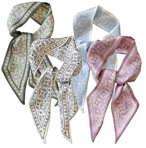 PKRFCJ Seidenschal für Damen, Retro-Stil, modisch, Taschenschal für Handtaschen, multifunktionaler Damenschal, Bohemian-Stil, geeignet für Geldbörsen, Handtaschengriffe, 4 Stück, Grün, Blau, Rosa