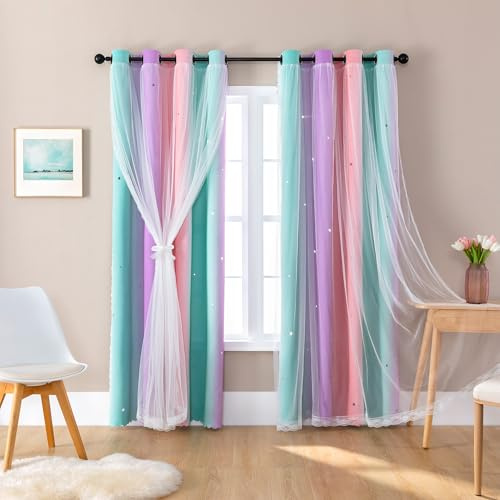 XiDi Curtains for Girls Bedroom 2 Panel Set, Thermal Insulated Window Ombre Panels, Rainbow Pink Drapes for Kids Room Unicorn Wall Decals, Black Out Curtains 45 Inch Long Pink/Purple/Green 34x45