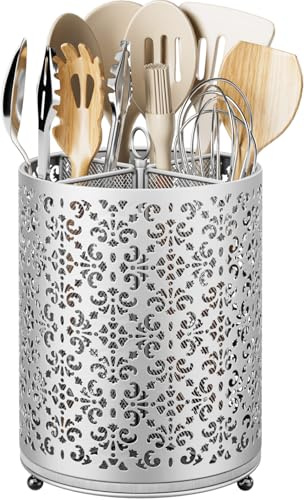 EKNITEY 360 Rotating Cutlery Caddy Utensil Holder Kitchen Countertop Silver | 4 compartments, metal organiser, diatomaceous earth base, moisture absorbing, quick dry, easy clean, spoon fork knife storage