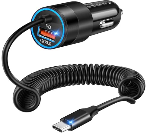 2-Pack 38W Zigarettenanzünder USB C mit 1.2M Spiralkabel Ladekabel | QC & PD 3.0 Schnellladung Auto Ladegerät,12V 24V kfz Ladegerät Kompatibel für iPhone 17 16 15, Galaxy, Google Pixel, LG