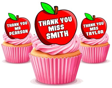Thank You Teacher PERSONALISED Apple - Edible Cupcake Toppers on Wafer or Icing with Any Name - End Of Year School Party Cake Decorations Perfect For Brownies Cookies Muffins & More!